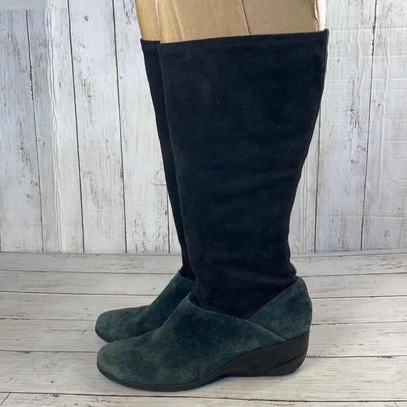 Rockport Waterproof Suede and Fabric Navy Blue and Black Knee High Wedge Boots - Picture 3 of 15